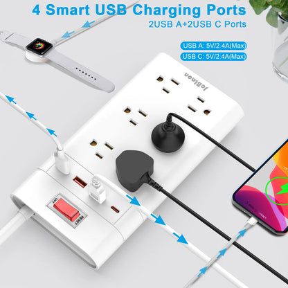 Wall-Mounted Surge Protector Power Strip: 4 USB Ports (2 USB C, 2 USB A) with Flat Plug Extension Cord