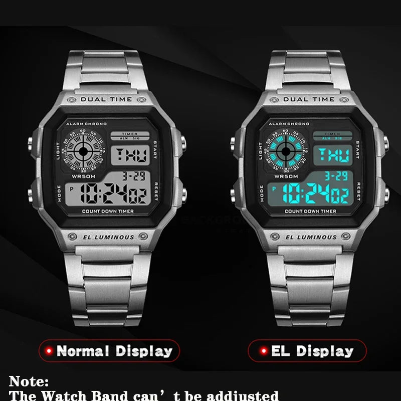 YIKAZE Luxury Stainless Steel Sport Watch – Military Digital, Waterproof LED Wristwatch for Men