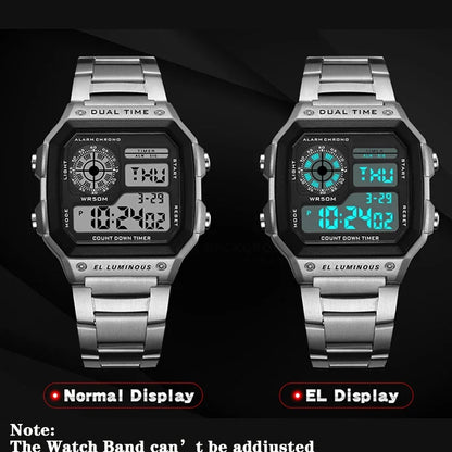 YIKAZE Luxury Stainless Steel Sport Watch – Military Digital, Waterproof LED Wristwatch for Men