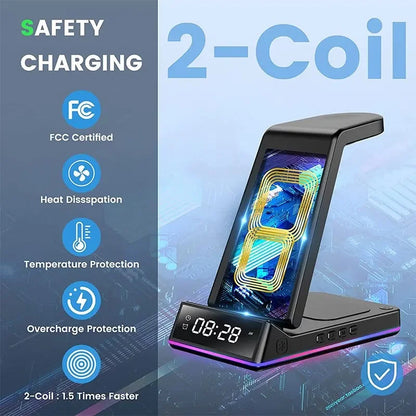 5 in 1 Foldable Wireless Charger Stand 15W with RGB LED Clock - Fast Charging Station Dock for iPhone, Samsung Galaxy, Watch 6/5, S23, S22