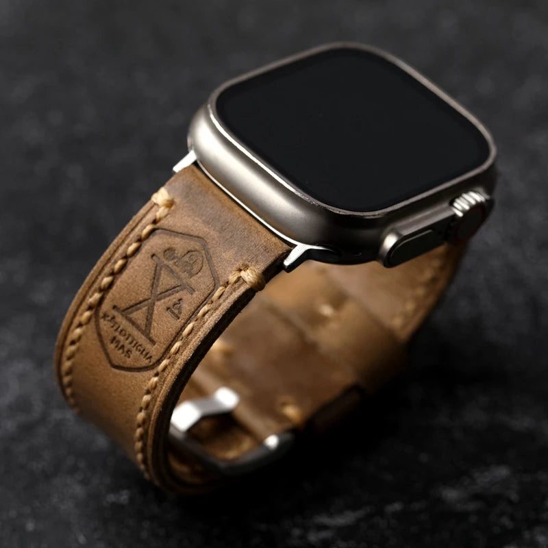 Handmade First Layer Cowhide Leather Band – German Leather for Apple Watch 8 Ultra, 7, SE, Retro Style, Keather Thickened Bracelet