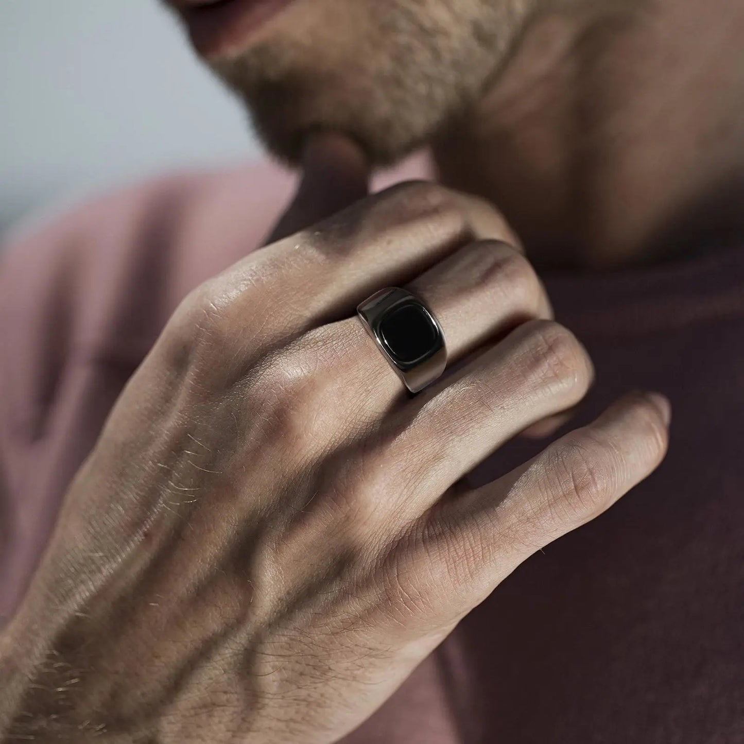 Stylish Black Stone Ring for Men - Waterproof Stainless Steel Geometric Square Signet Ring, Perfect Jewelry Gift for Him