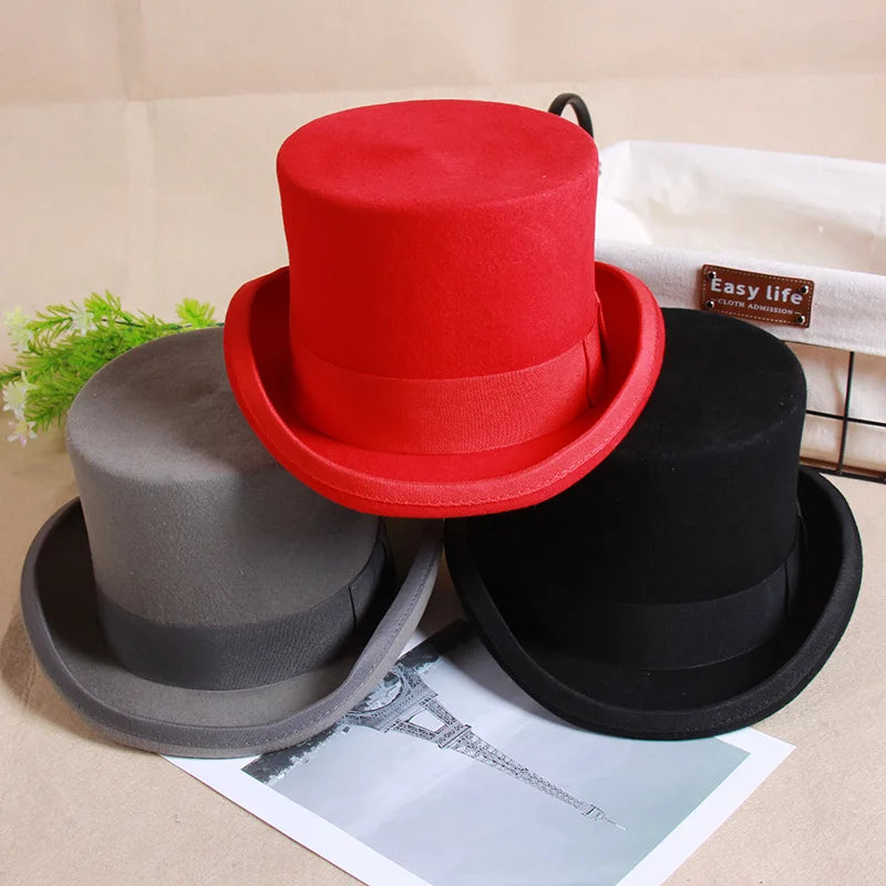 2024 Wool Flat Top Fedora Hat - Elegant Unisex Fashion Cap with Strap, Versatile Panama and Magician Gentleman Cylinder for Steampunk Style