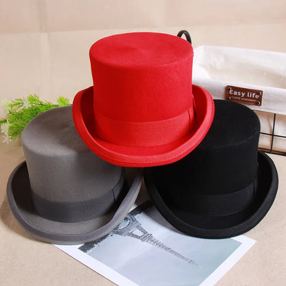 2024 Wool Flat Top Fedora Hat - Elegant Unisex Fashion Cap with Strap, Versatile Panama and Magician Gentleman Cylinder for Steampunk Style