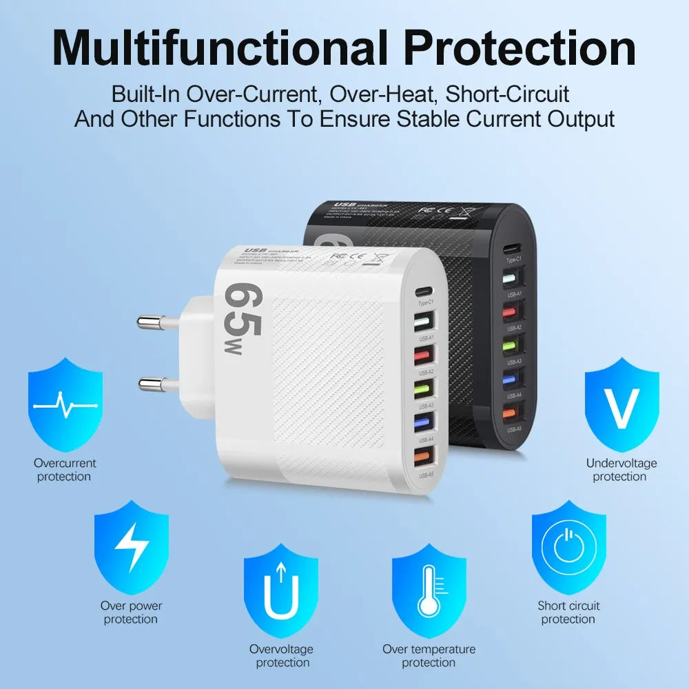 5-Port USB Charger with 3.1A PD Fast Charging for Xiaomi, iPhone 13, Samsung - QC 3.0 Wall Charger