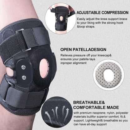 Adjustable Hinged Knee Brace - Meniscus Tear Support Wrap for Patellar Tendon, Pain Relief, Strains, Sprains (1PC)