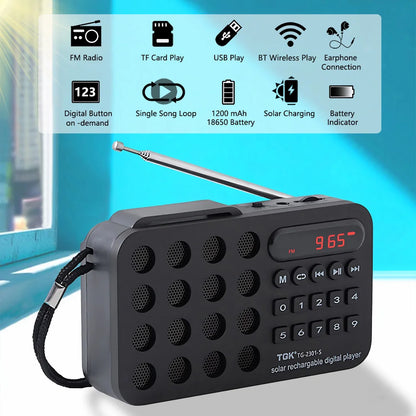 Rechargeable Mini Solar FM Radio and Bluetooth Speaker - Portable Wireless Music Player with USB, TF Card Support and FM Receiver