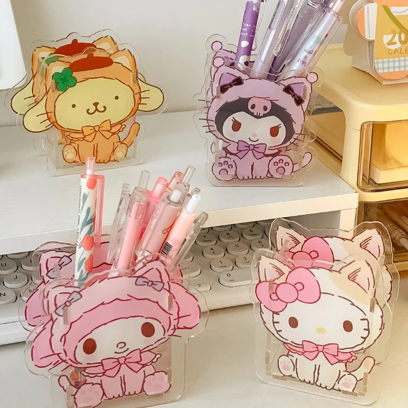 Cute Acrylic Sanrio Pen Holder | Transparent Multifunctional Children's Desktop Organizer | Large Capacity Stationery Storage Box