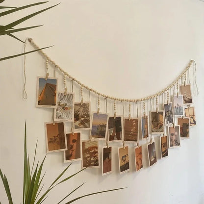 Photo Display Wall Hanging Decor – Boho Wooden Beads Macrame Tapestry for Aesthetic Room Decoration, Perfect Gift