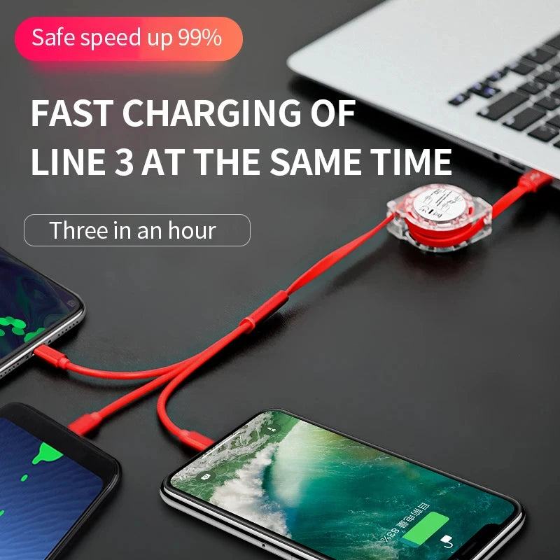 3-in-1 Telescopic USB Cable - Fast Charging for Apple, Type-C, and Android Phones