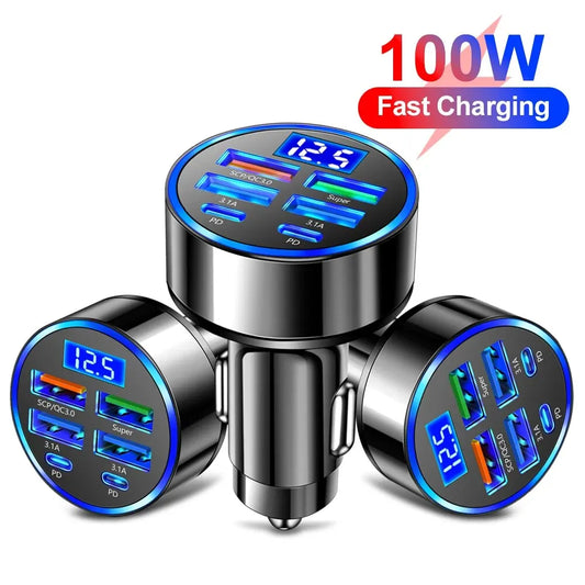 100W 6 Ports Car Charger: Fast Charging PD QC3.0 USB C Car Phone Adapter for iPhone Samsung Huawei Xiaomi - Type C Compatible