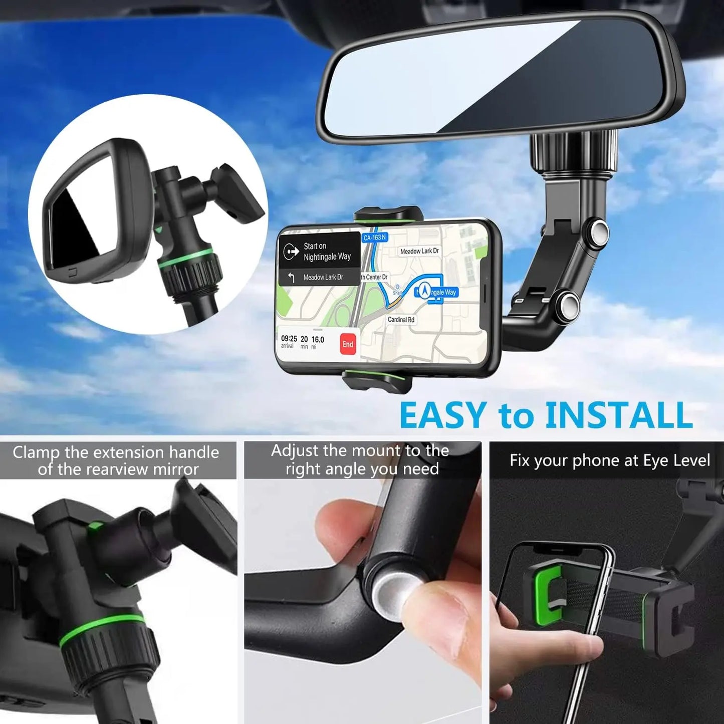 360° Rotatable Rearview Mirror Phone Holder - Retractable Car Mount for All Cars - Multifunctional Mirror Holder