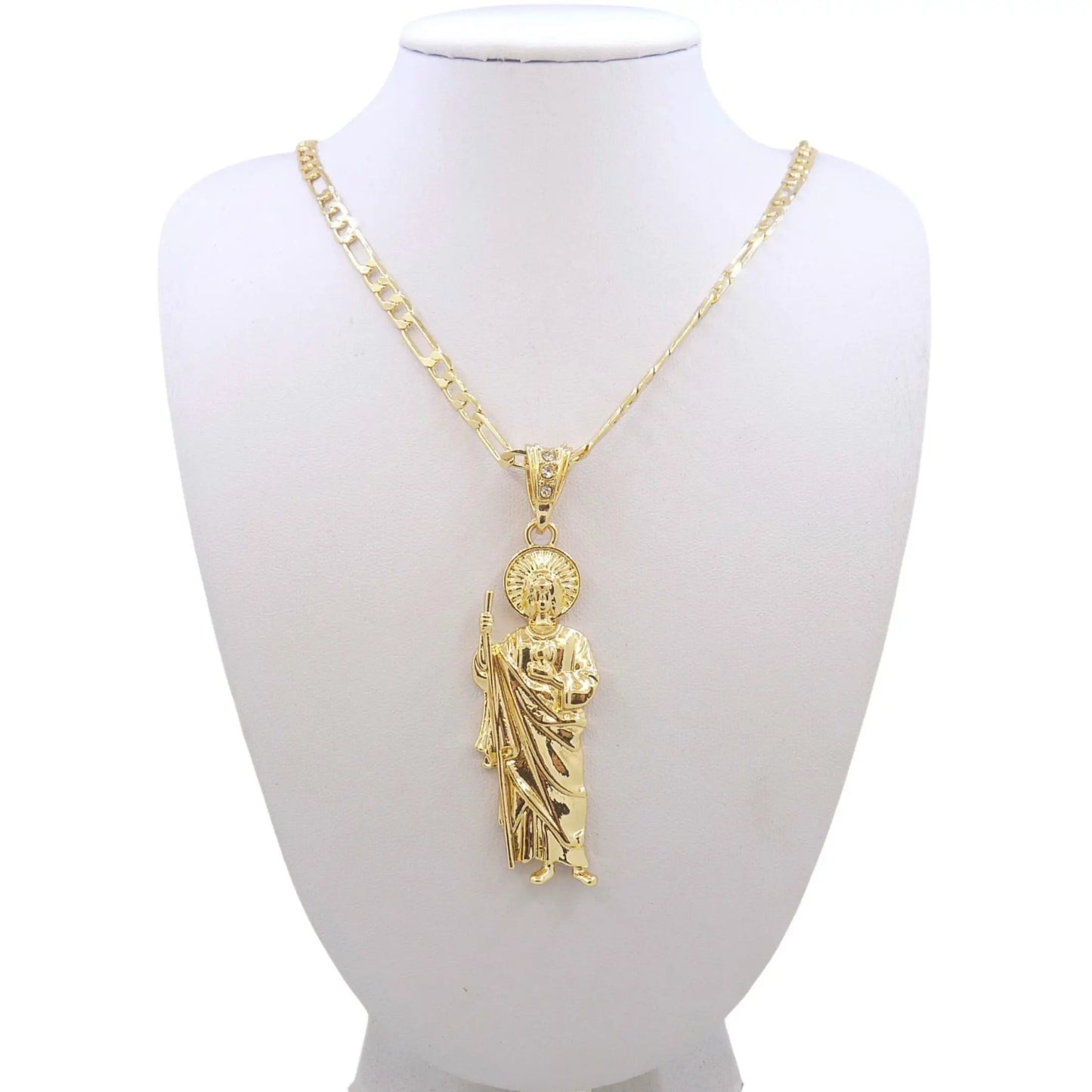 Saint Jude Necklace - 14K Gold Plated San Judas Pendant with Figaro Chain