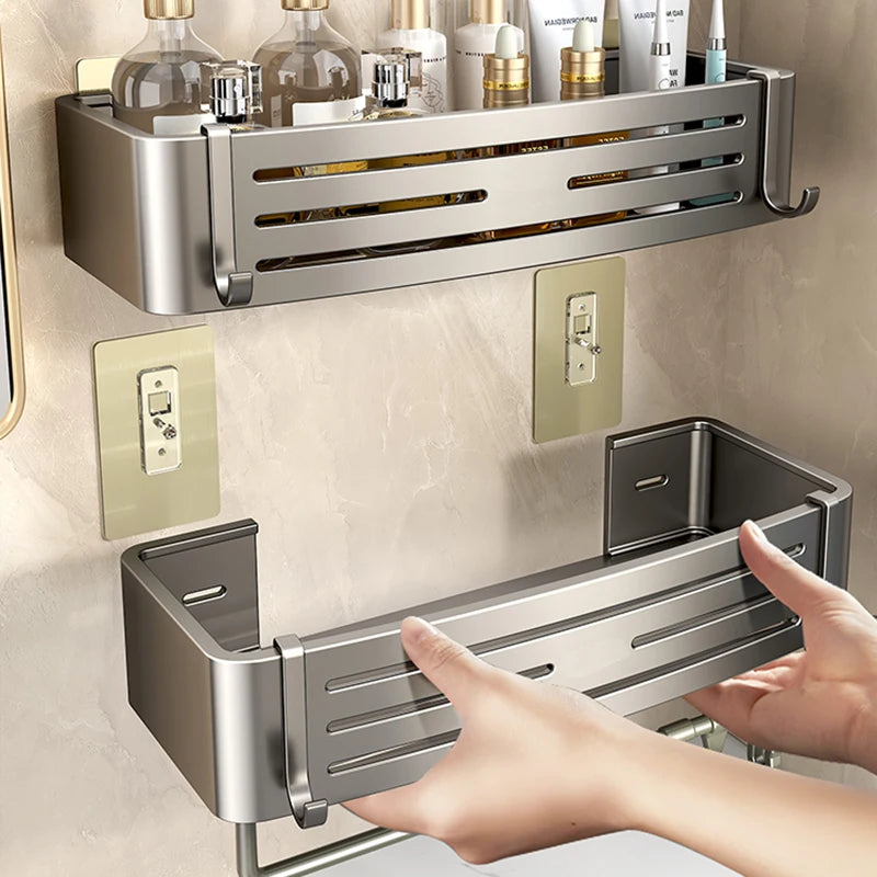 No Drill Wall Mounted Bathroom Shelf - Aluminum Alloy Shampoo and Makeup Storage Holder, Kitchen Organizer and Bathroom Accessories