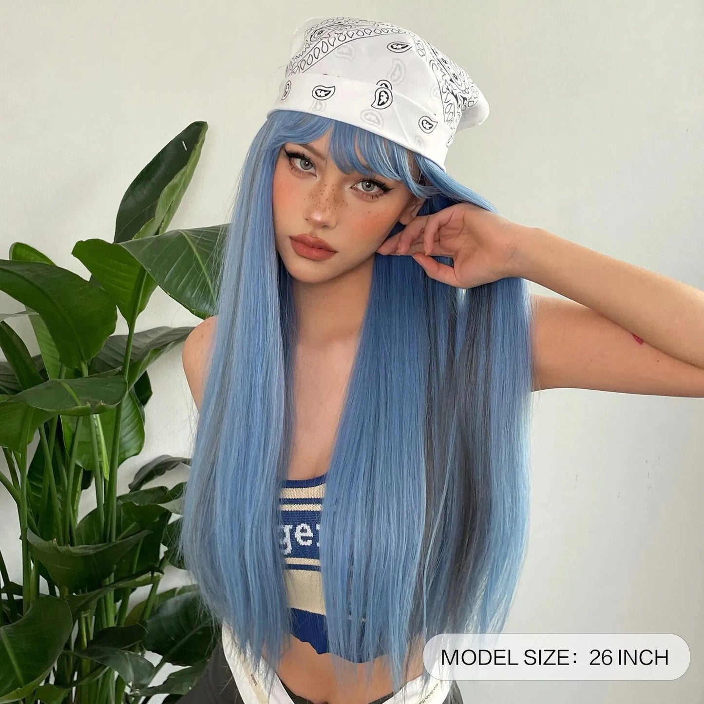 Blue and Grey Highlight Long Straight Synthetic Wig with Bangs – Heat-Resistant Cosplay Hair for Women