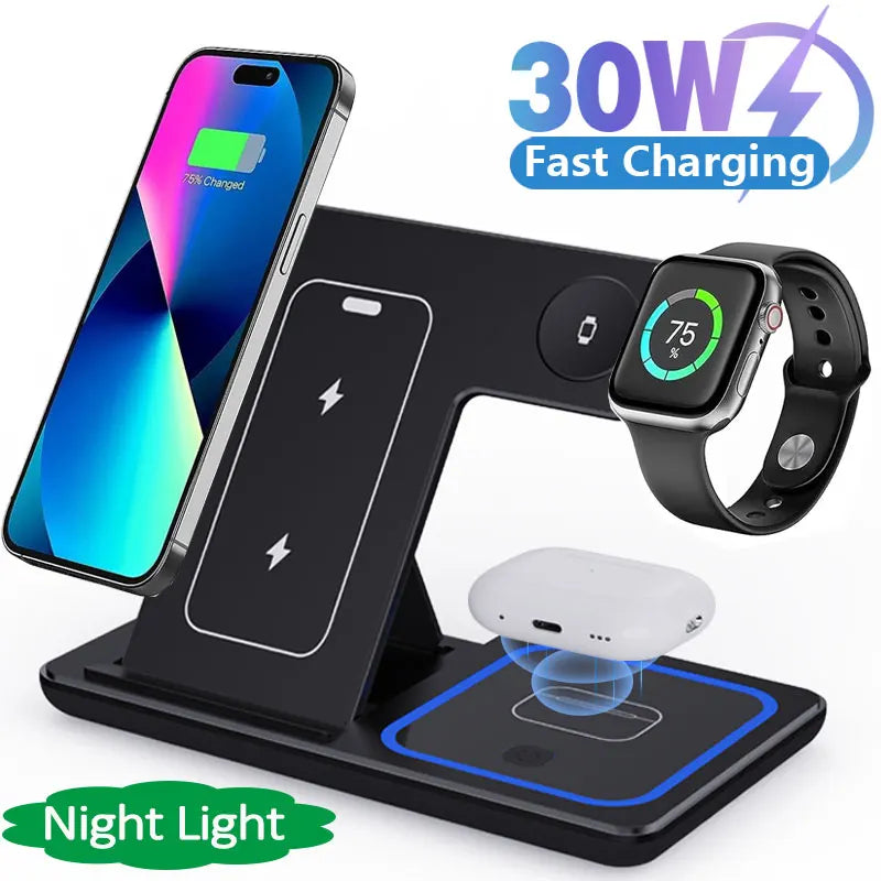 30W LED Fast Wireless Charger Stand - 3-in-1 Foldable Charging Station for iPhone 15/14/13/12/11, Apple Watch 9/8/7/6/5, AirPods Pro