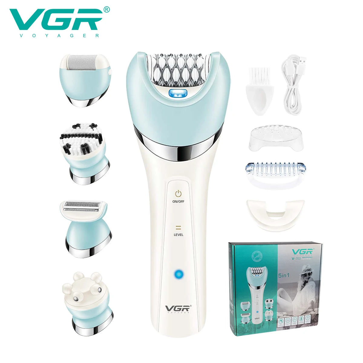 VGR 5-in-1 Electric Epilator V-703: Women's Shaver, Bikini Trimmer, Facial Cleaner, and Body Hair Remover with Massage Function