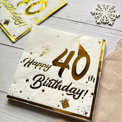 20 Pcs Happy Birthday Napkins – White and Gold Tableware for Party Decorations, Tissue Luncheon Paper Napkins