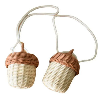 New Acorn-shaped Storage Basket: Hand-woven Round Rattan Bag, Tropical Beach Style Shoulder Bag - Ideal for Photo Props