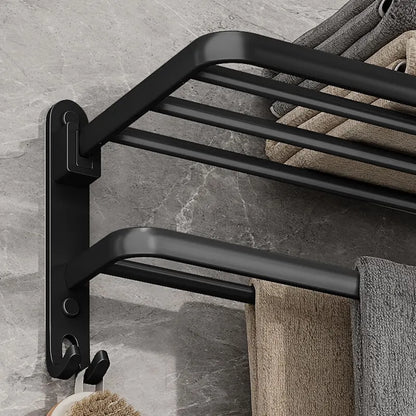 Matte Black 50CM Folding Towel Holder with Hook - Wall-Mounted Aluminum Towel Rack