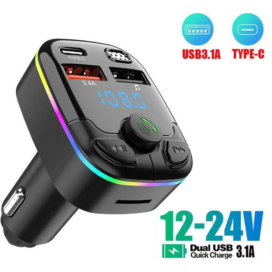 Car Bluetooth 5.0 FM Transmitter PD Type-C Dual USB 3.1A Fast Charger - Colorful Ambient Light - Handsfree MP3 Modulator Player