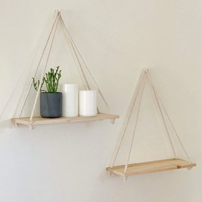 Wooden Rope Swing Wall Hanging Plant Tray | Floating Wall Shelves for Flowers | Nordic Home Decoration with Modern Simple Design