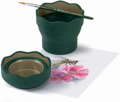 Faber-Castell Clic & Go Artist Water Cup: Dark Green Paint Brush Washer with Folding Retractable Design