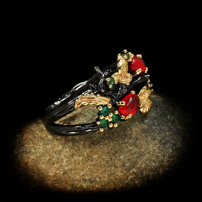 Exquisite Leaf Flower Zircon Ring for Women - Two-Tone Black and Gold with Red Zircon, Elegant Ladies' Jewelry