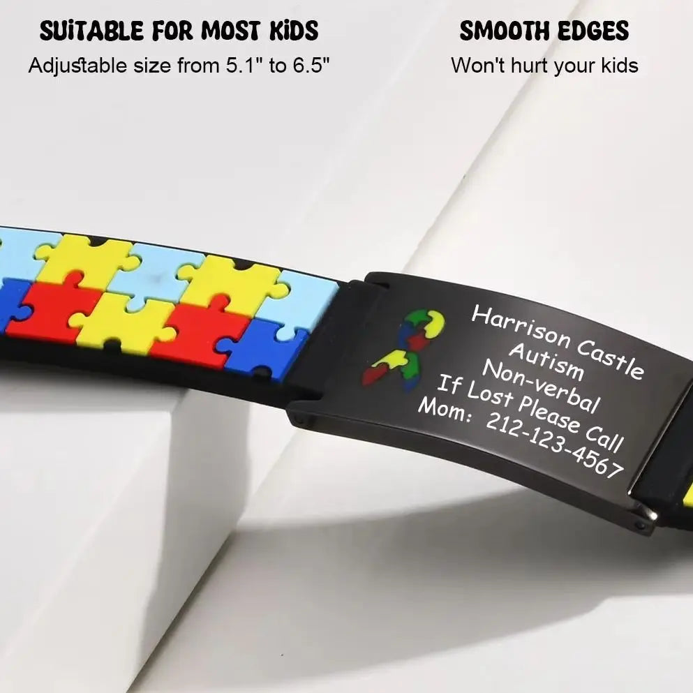 Custom Autism ID Bracelet for Boys - Colorful Puzzle Silicone with Free Engraving, Perfect Parents' Gift