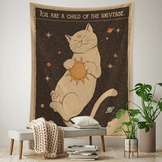 Sun Moon Tarot Cat Tapestry | Witchcraft Wall Hanging | 'You Are a Child of the Universe' Bohemian Home Decor | Hippie Bedroom Decoration