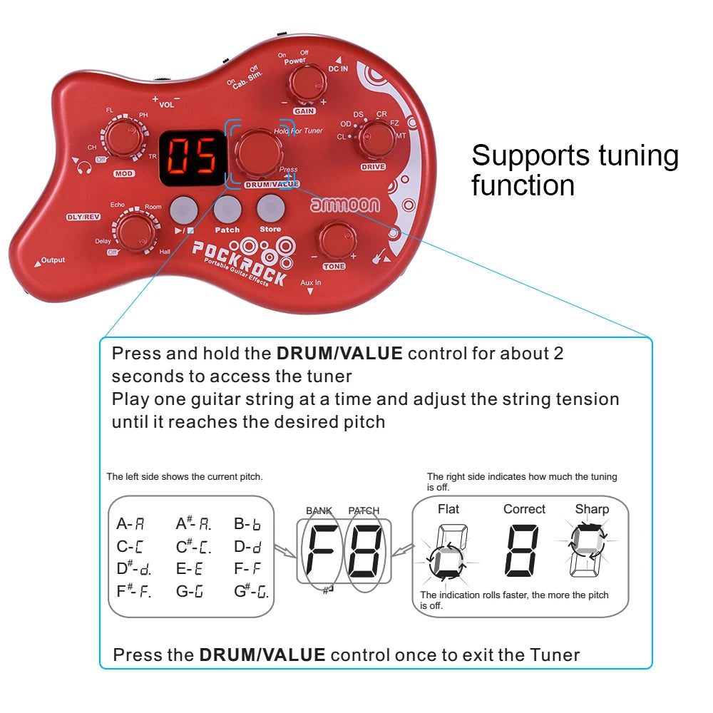 Portable Guitar Multi-effects Processor Pedal: 15 Effect Types, 40 Drum Rhythms, Tuning Function - Includes Power Adapter