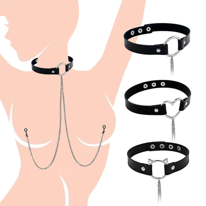 Punk Style Nipple Ring with Long Chain Choker Necklace - Unique Piercing Jewelry