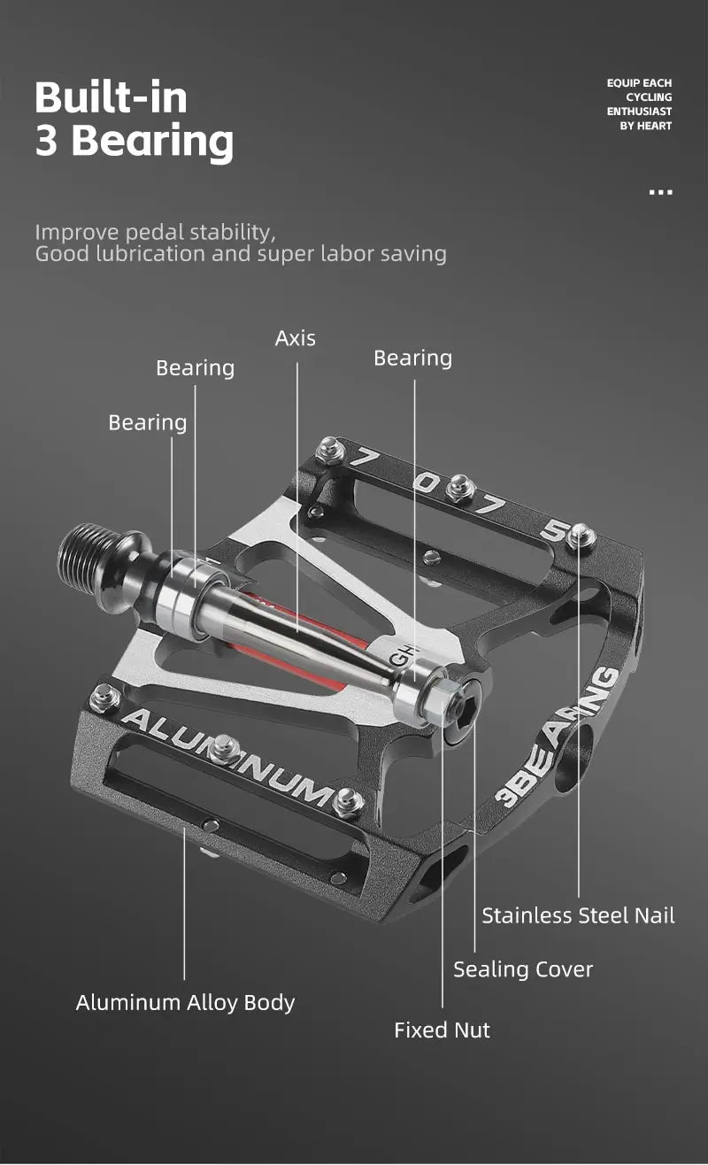 WEST BIKING 3-Bearing Bicycle Pedals - CNC Aluminum Alloy, Anti-Slip, Wide for MTB and Road Bikes - Professional Cycling Accessories