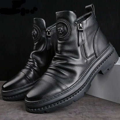 Men’s Motorcycle Leather Boots – British Style High-Top, Round Head, Side Zip, Casual Platform Walking Boots