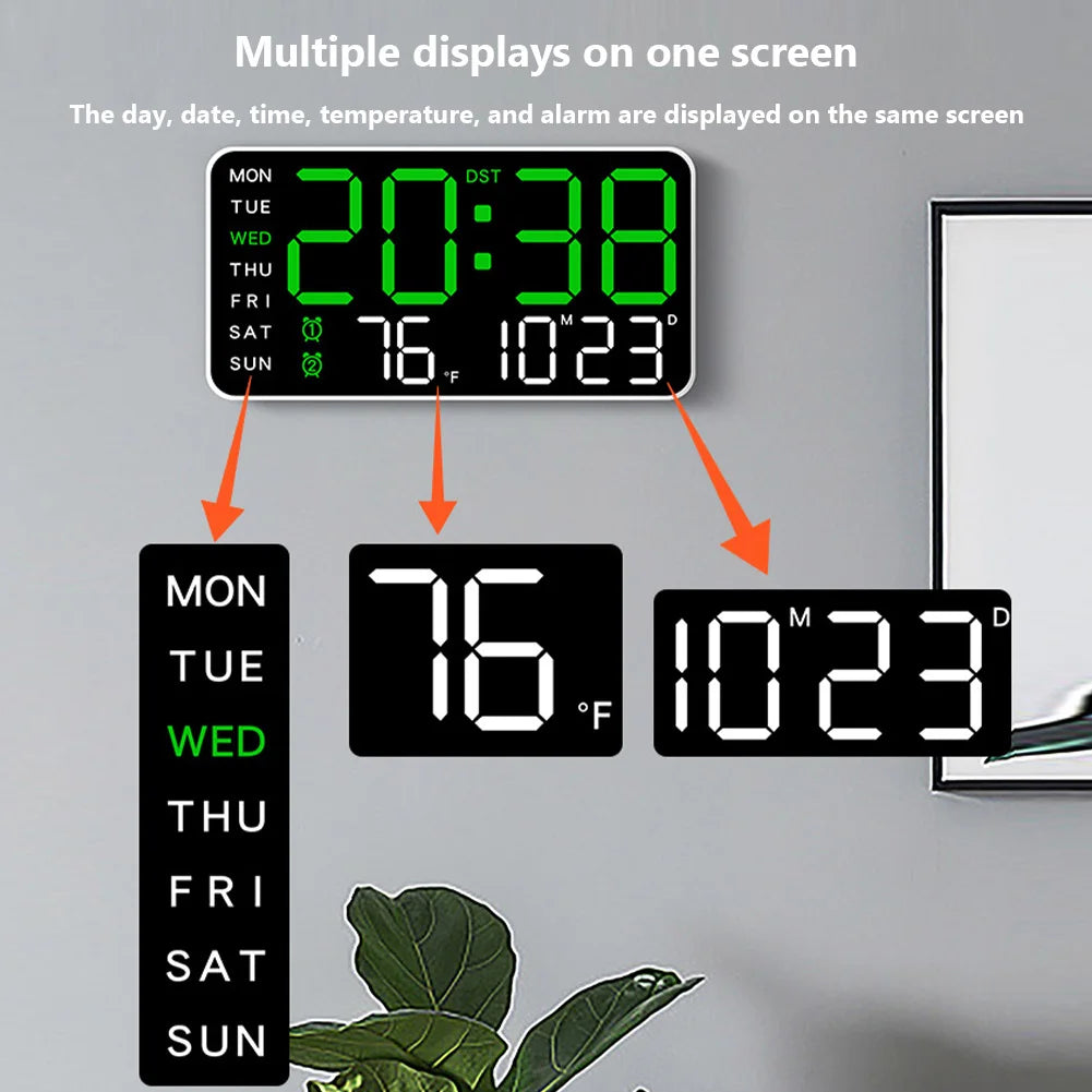 LED Screen Digital Wall Clock - 12/24H Table Clock with Adjustable Brightness, Electronic Alarm for Home Living Room Decor