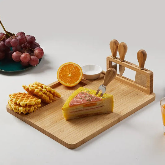 Bamboo Cheese Board Set – Square Wooden Board with Knife Holder, 4 Stainless Steel Knives & Dessert Plate