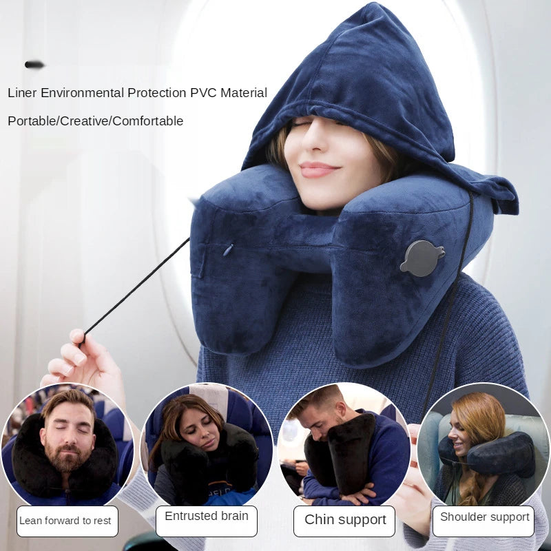 H-Shaped Inflatable Travel Pillow with Hood - Foldable, Lightweight Neck Support for Car Seats, Chairs, Office, and Airplane Comfor