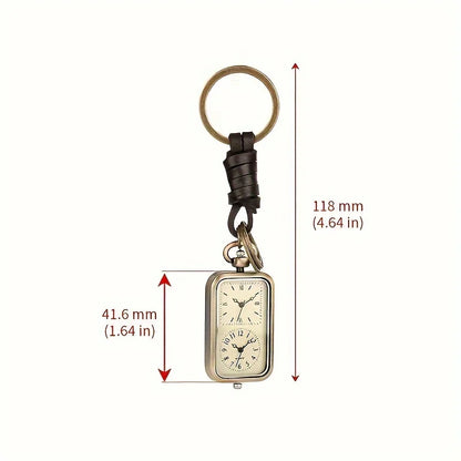 Bronze Square Keychain Pocket Watch - Retro Double Time Quartz Movement, Antique Style Pendant without Cover