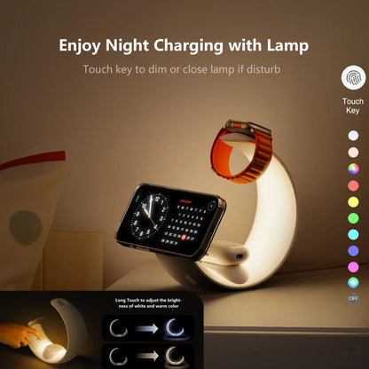 MagSafe Wireless Charger with RGB Moon Night Light - AirPods, Apple Watch and Phone Holder for iPhone, Samsung, iWatch, Ideal for Bedroom and Office