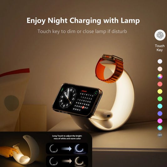 MagSafe Wireless Charger with RGB Moon Night Light - AirPods, Apple Watch and Phone Holder for iPhone, Samsung, iWatch, Ideal for Bedroom and Office