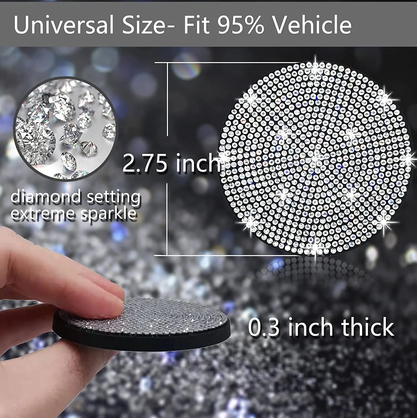 Sparkle Your Ride: 2pcs Cute Bling Car Cup Holder Coaster Mat with Rhinestone - Universal Anti-Slip Automotive Interior Accessories for Women and Girls