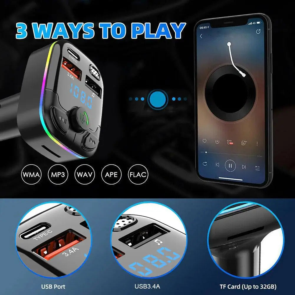 Bluetooth 5.0 Car FM Transmitter | PD Type-C Dual USB Charger and MP3 Player | 18W Handsfree QC3.0