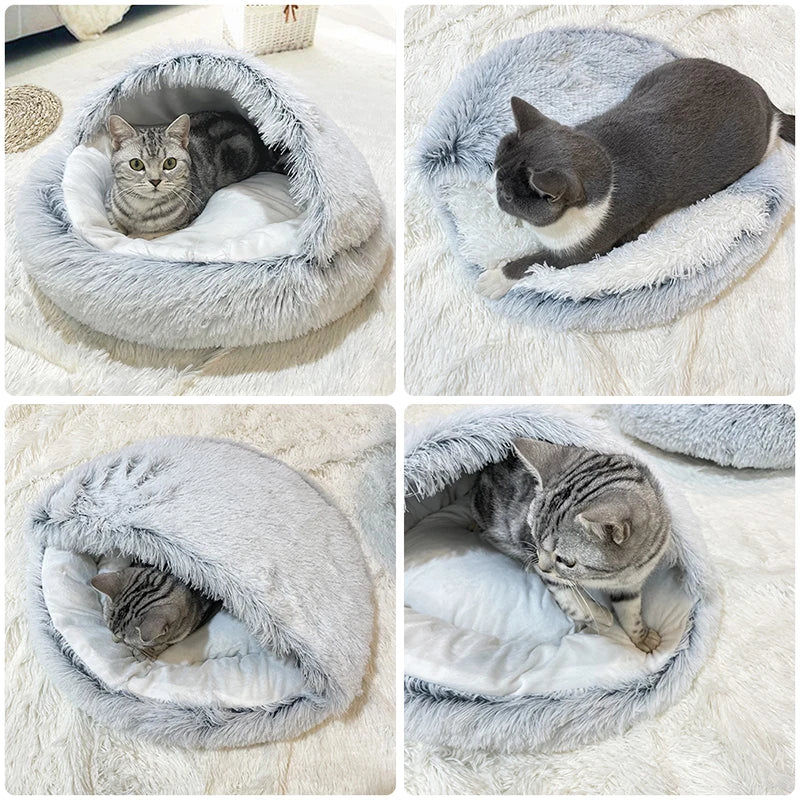 Winter Long Plush 2-in-1 Pet Cat Bed | Round Cushion & Sleep Bag | Warm Cat House & Nest Kennel for Small Dogs & Cats