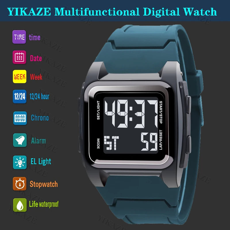 YIKAZE Men's Digital Watch – 50M Waterproof, Retro Multifunction Military Alarm Clock, LED Wristwatch for Sports and Gifts