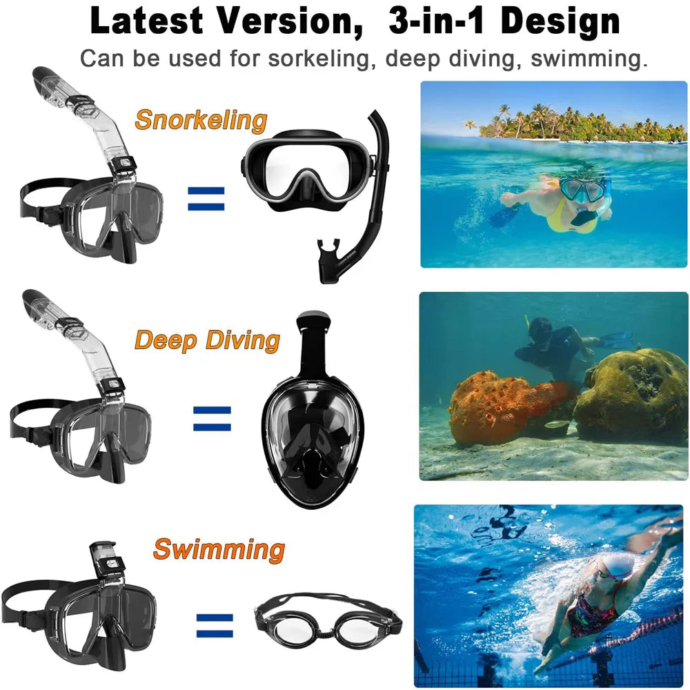 Foldable Anti-Fog Diving Mask Set - Full Dry Top System for Professional Snorkeling Gear, Free Swim for Adults and Kids