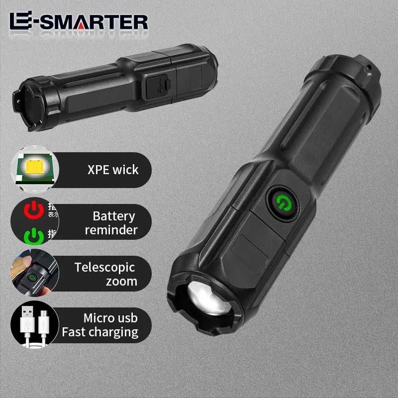 4 Lighting Modes LED Flashlight – Telescopic Zoom Tactical Torch, USB Rechargeable, Portable Spotlight for Long-Range Camping