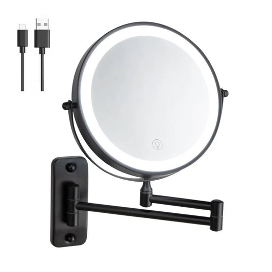 8-Inch Double-Sided LED Makeup Mirror - 10X Magnification, 360° Rotating, Wall Mounted, Foldable Vanity Mirror