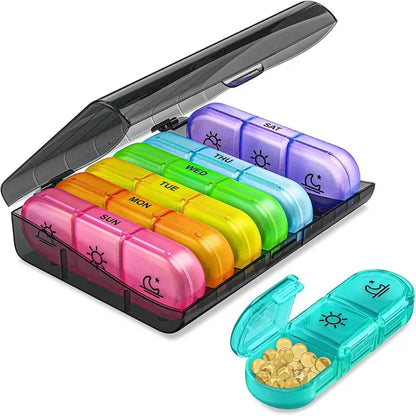 7 Days Weekly Pill Organizer: Medicine Box Tablet Holder Storage Container - Convenient Pill Case Splitter