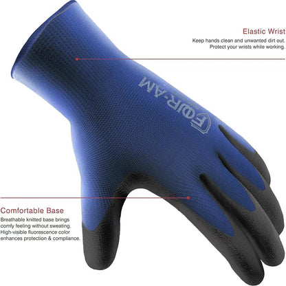 12 Pairs Ultra-Thin PU Coated Work Gloves - Excellent Grip, Nylon Shell with Black Polyurethane Coating, Safety Work Gloves with Knit Wrist Cuff