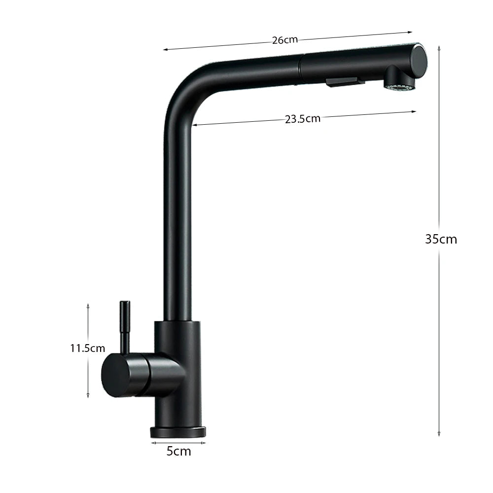 Black Pull Out Kitchen Sink Faucet - Stainless Steel Hot Cold Water Mixer Tap with Two-Model Stream Sprayer Nozzle, Deck Mounted